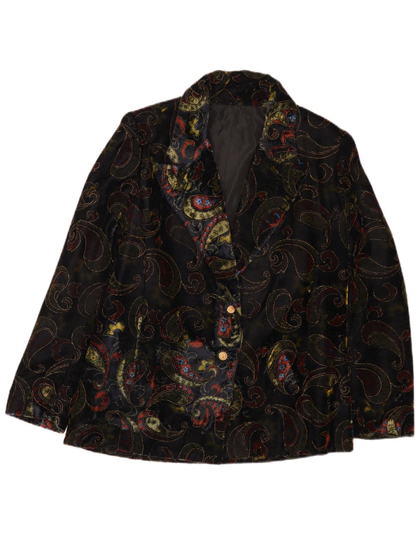 vintage Femmes 2 Bouton Velours Blazer Veste UK 12 Moyen Noir Paisley