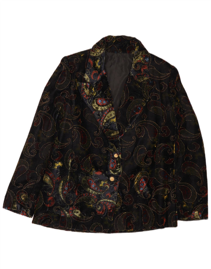 vintage Femmes 2 Bouton Velours Blazer Veste UK 12 Moyen Noir Paisley