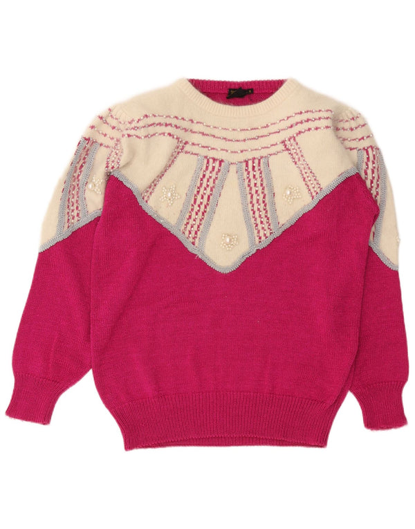 vintage Womens Crew Neck Jumper Pull UK 10 Petit Colorblock Rose