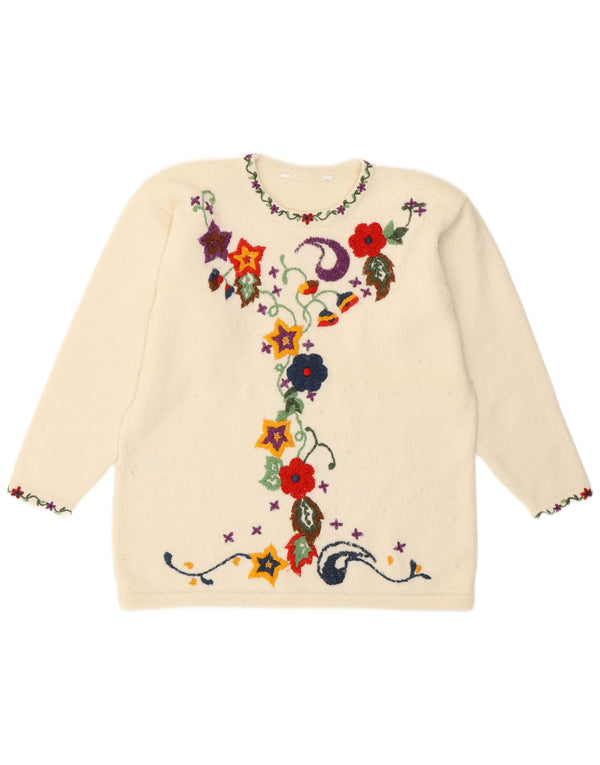 vintage Femmes Crew Neck Jumper Pull UK 16 Grand Off White Floral