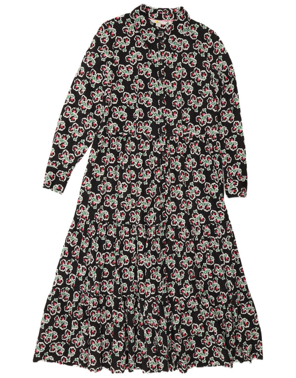 Robe Boden pour femme à manches longues et à volants, taille UK 44, grand motif floral noir