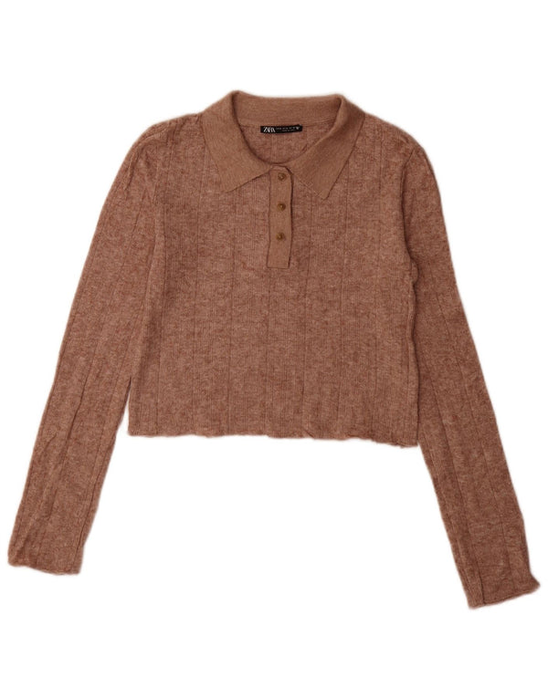 Zara Pull court à col polo pour femme UK 10 Petit Marron