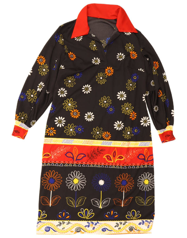 vintage Femmes Graphique Manches Longues Shift Robe UK 14 Grand Noir Floral