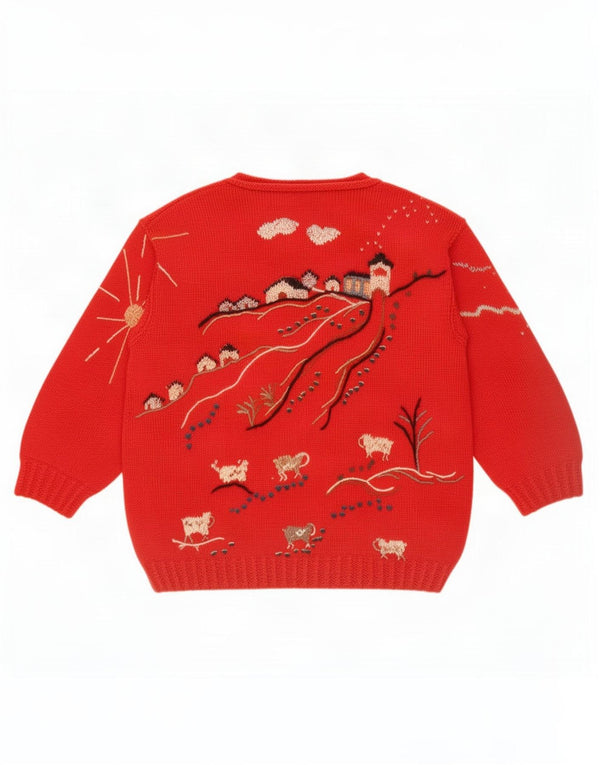 vintage Womens Graphic Boat Neck Jumper Pull UK 16 Grand Rouge