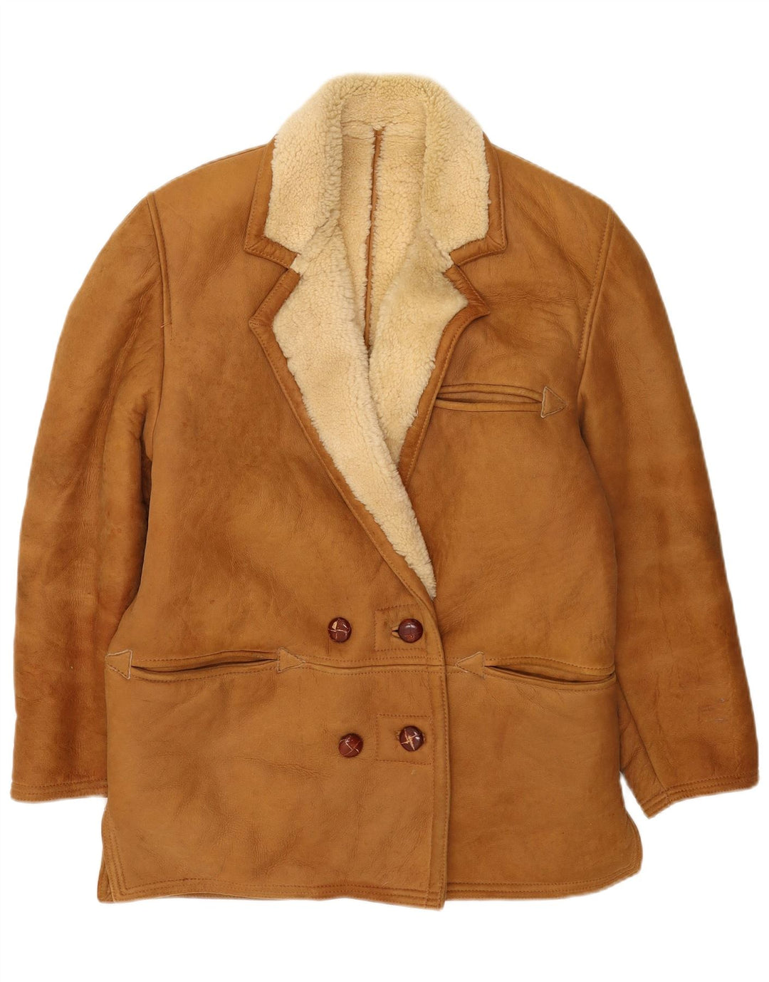 vintage Femme Double Breasted Shearling Jacket UK 14 Grand Beige