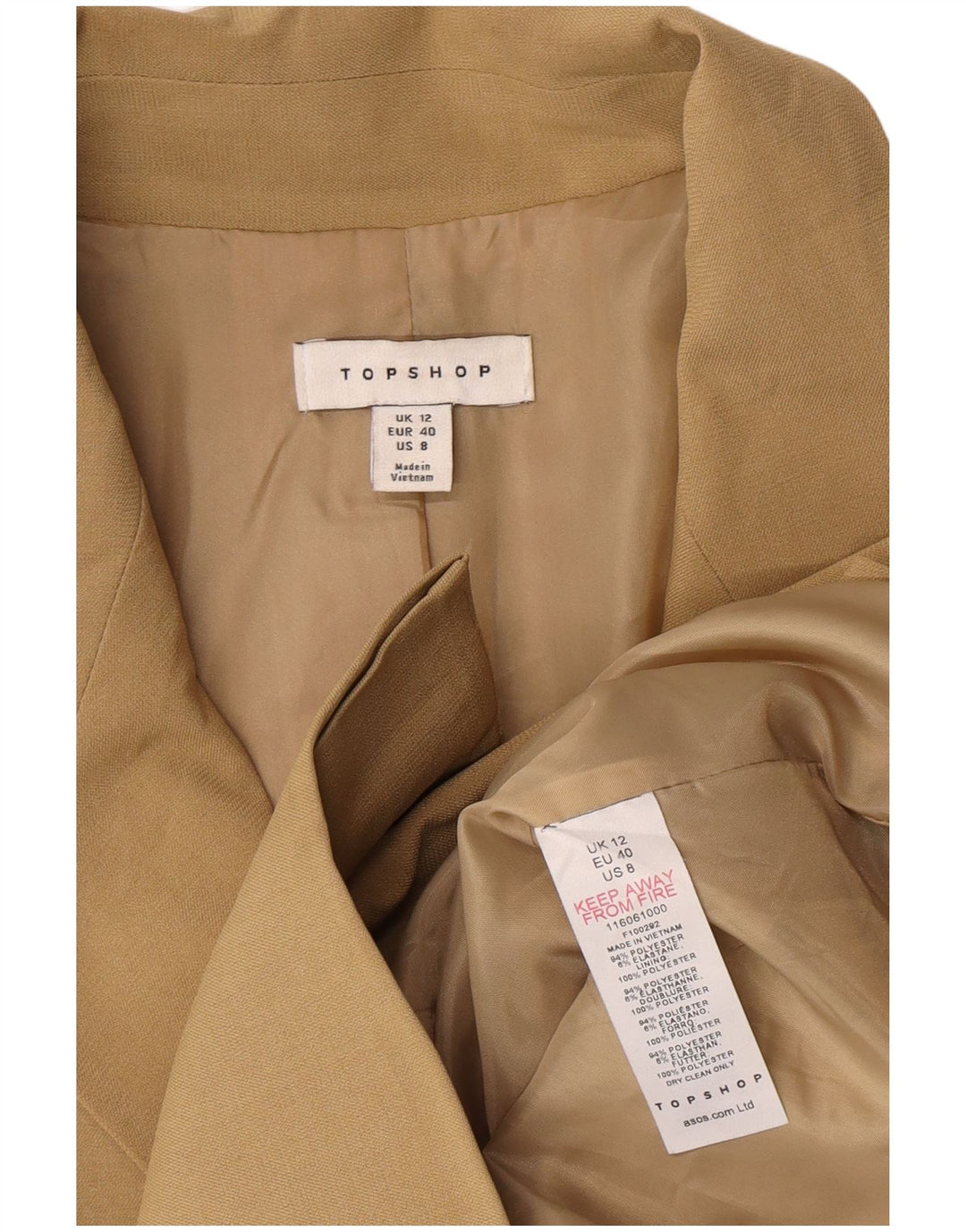 Topshop Veste Blazer Double Boutonnage Femme UK 12 Beige Moyen Polyester