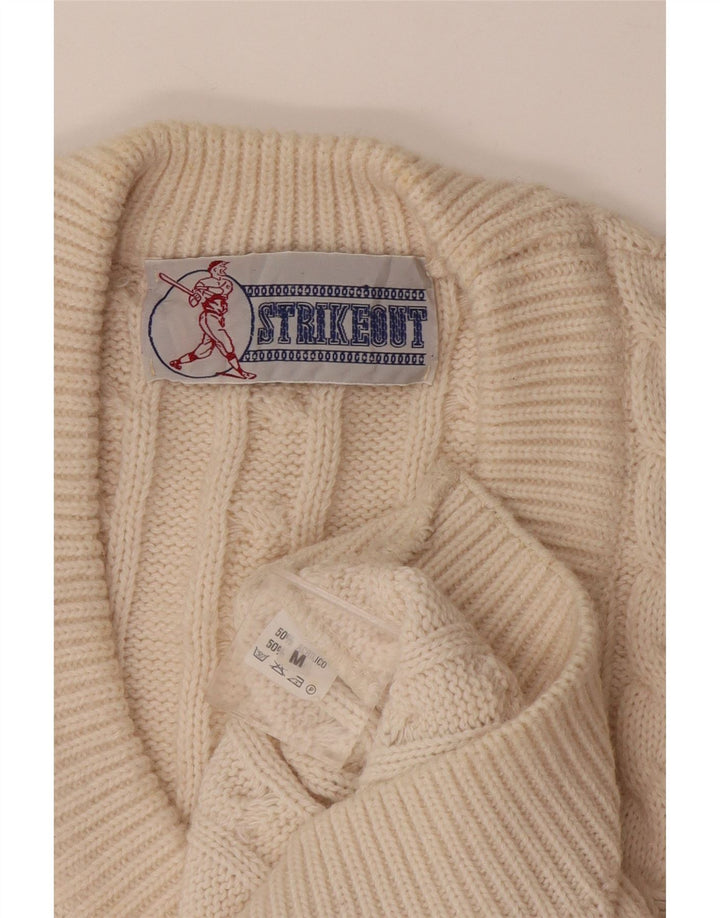 vintage Mens V-Col Jumper Pull Moyen Off White Acrylique