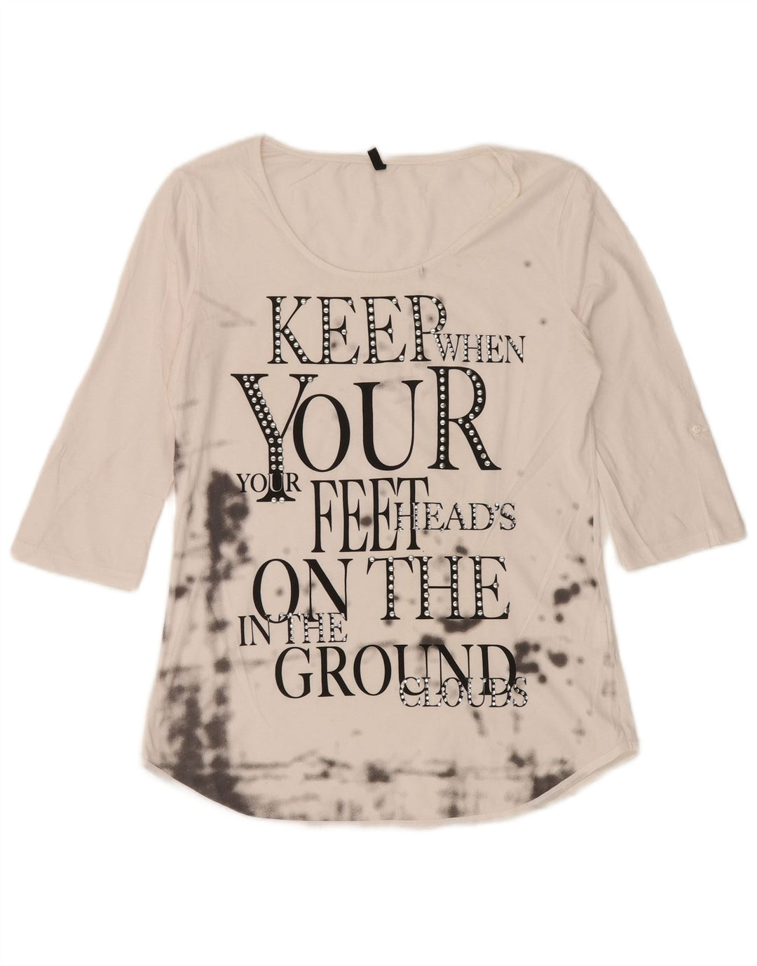 BENETTON Haut graphique pour femme à manches 3/4 UK 12 Blanc moyen