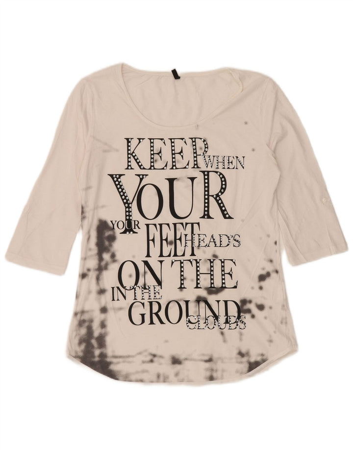 BENETTON Haut graphique pour femme à manches 3/4 UK 12 Blanc moyen