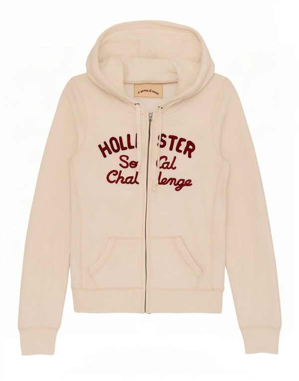 Hollister Pull à capuche zippé graphique pour femme UK 12 Coton blanc moyen