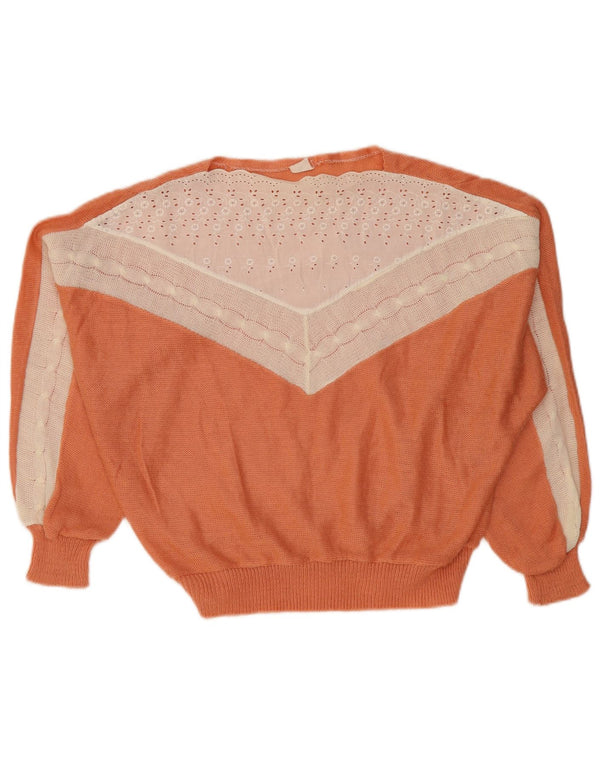 VINTAGE Pull col bateau femme UK 14 Medium Orange Colourblock