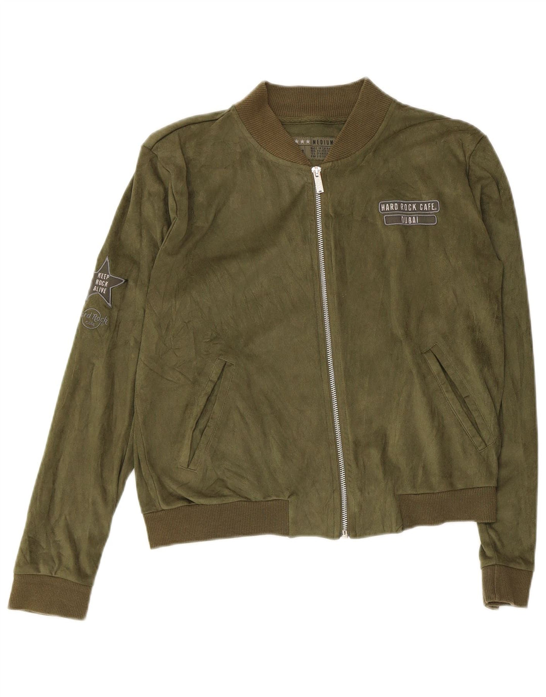 Hard Rock Cafe Dubai Crop Bomber Jacket UK 14 Polyester Vert Moyen