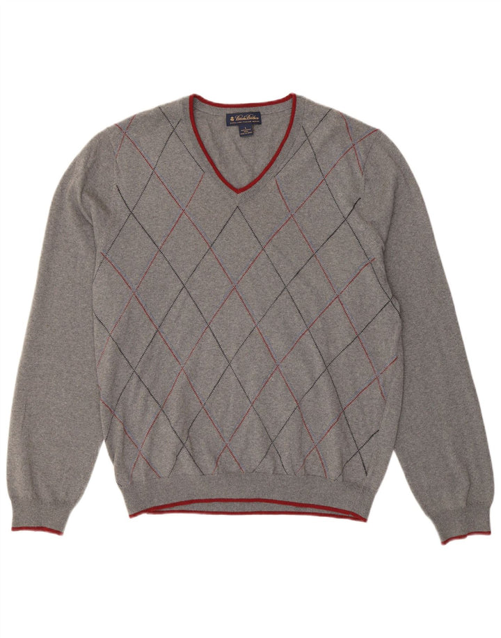 BROOKS BROTHERS Pull à col en V pour homme Taille L Gris Argyle/Diamant