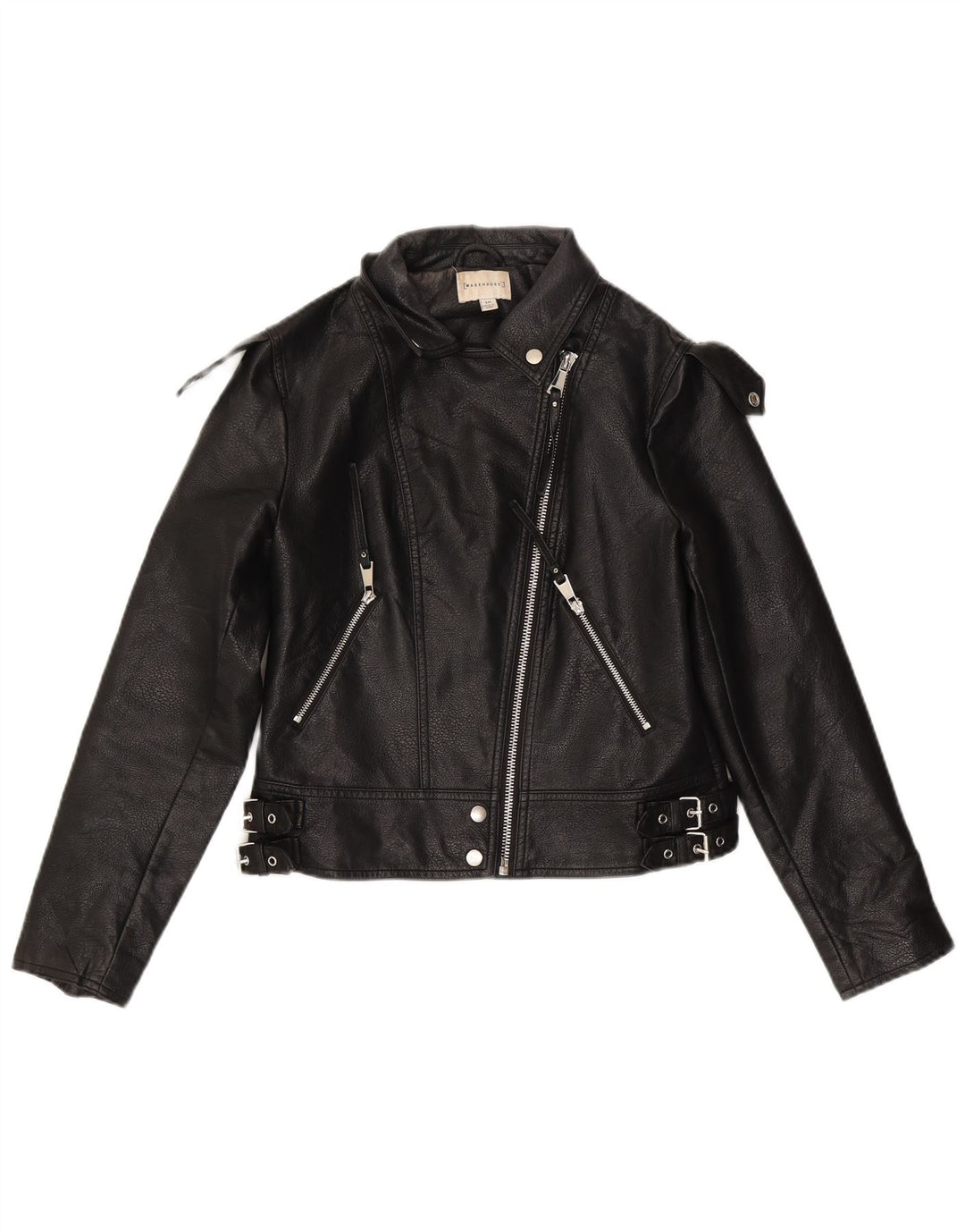 Warehouse Veste de motard en simili cuir pour femme UK 10 Small Noir Polyuréthane
