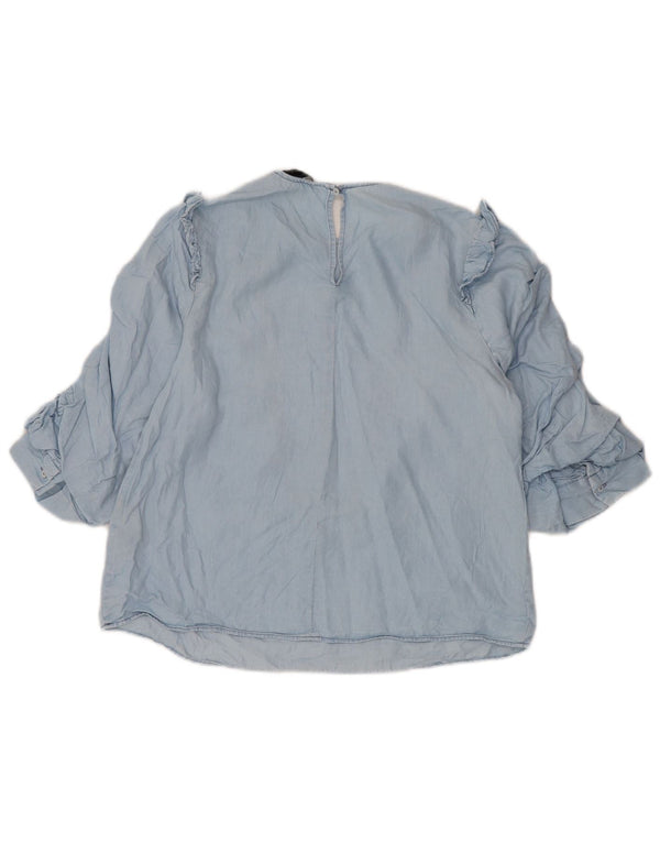 Zara Womens 3/4 Sleeve Ruffle Front Blouse Top UK 10 Petit Lyocell Bleu