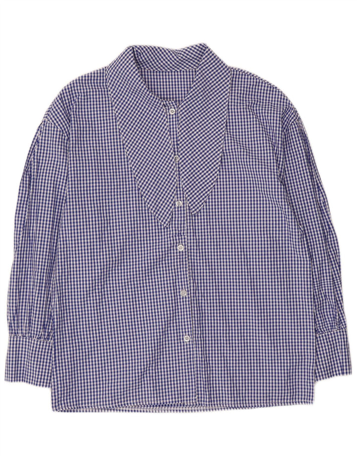 vintage Femmes 3/4 Manches Front Tie Shirt Blouse UK 14 Medium Blue Gingham