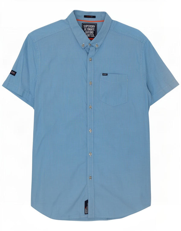 Superdry Chemise à Manches Courtes Regular Fit Homme Bleu Moyen Pied-de-Poule Coton