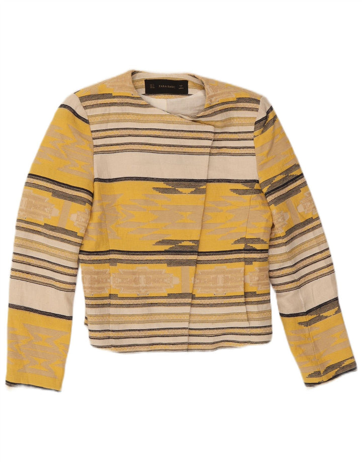 Zara Femme Crop Open Blazer Jacket UK 10 Petit Acétate Rayé Jaune
