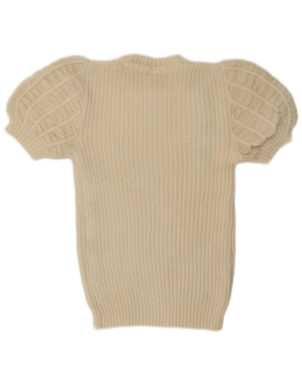vintage Femmes Manches Courtes Crew Neck Jumper Pull UK 6 XS Beige Floral