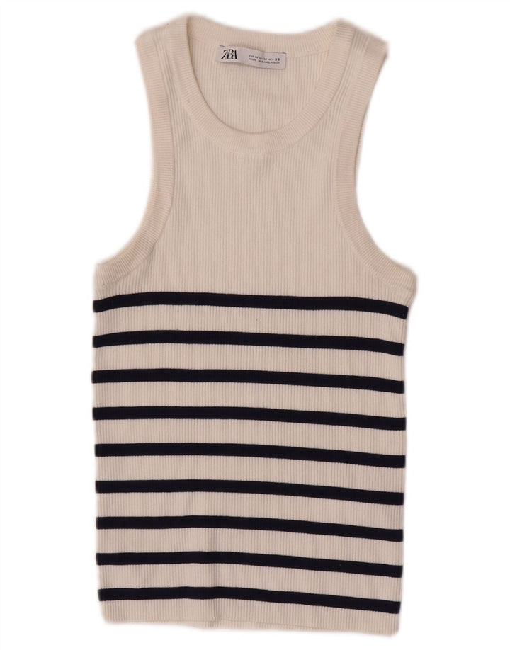 Zara Womens Crop Vest Top UK 12 Medium Blanc Rayé Viscose