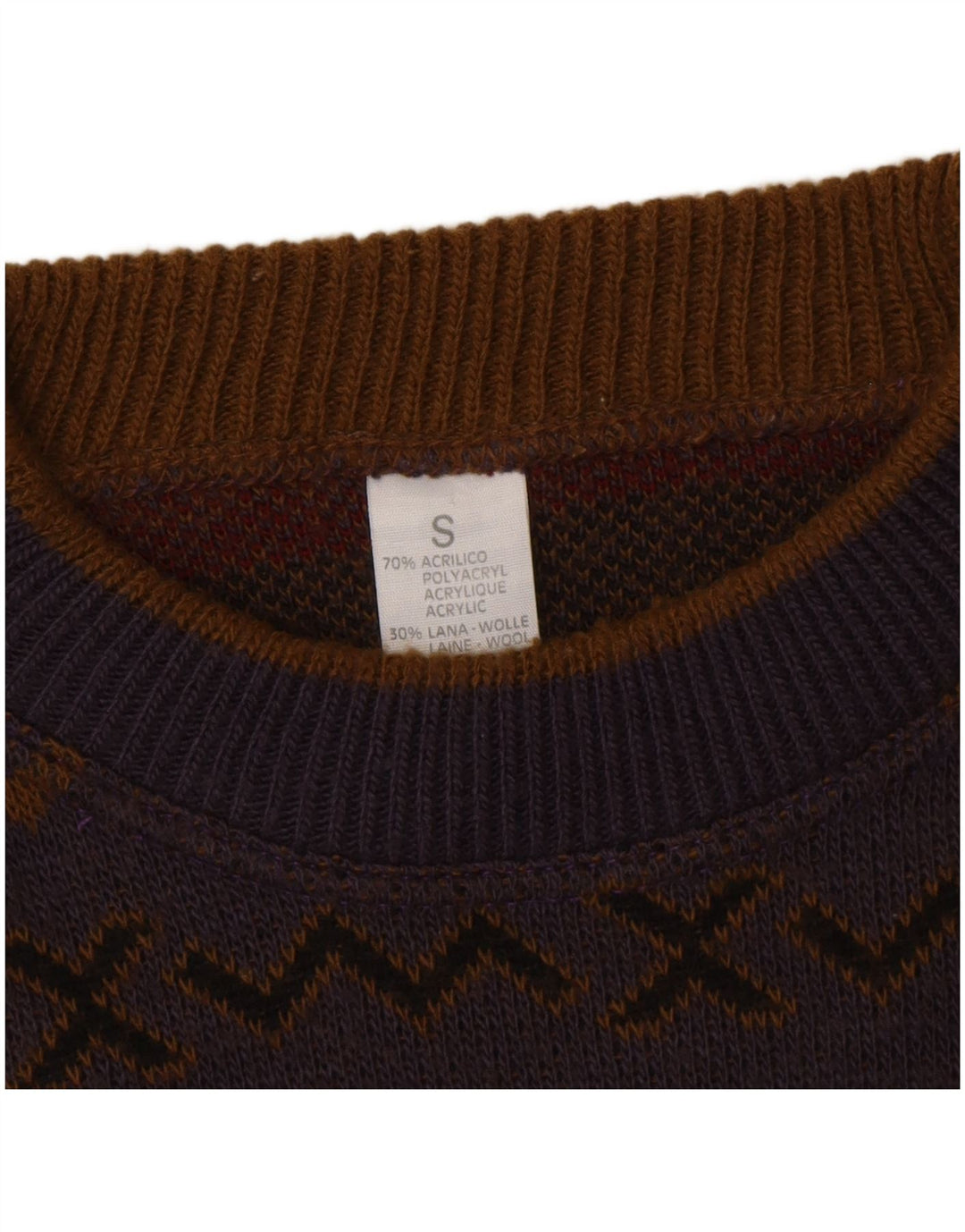 vintage Mens Crew Neck Jumper Pull Petit Chevron Multicolore Acrylique