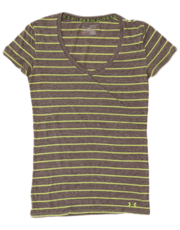 Under Armour Womens Heat Gear T-Shirt Top UK 4 XS Gris Rayé Coton