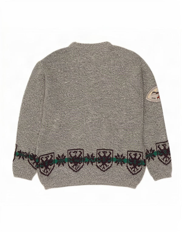 vintage Mens Crew Neck Jumper Pull Grande Gris Fair Isle Laine