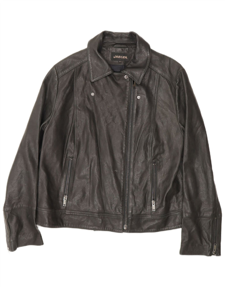 Jaeger Veste de motard en cuir pour femme UK 16 Grand cuir noir
