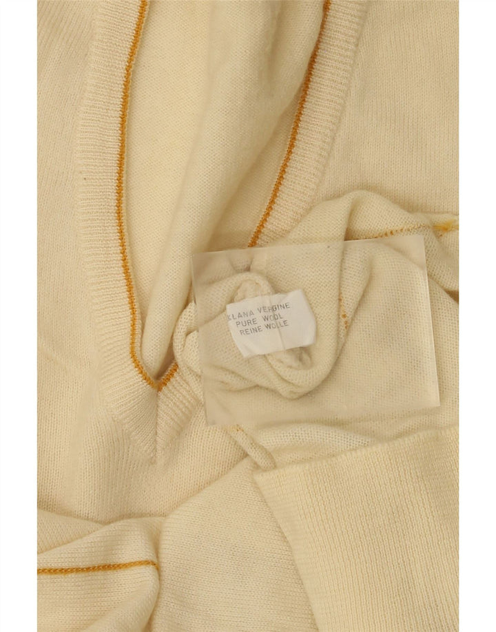vintage Mens V-Col Jumper Pull Moyen Off White Rayé Laine