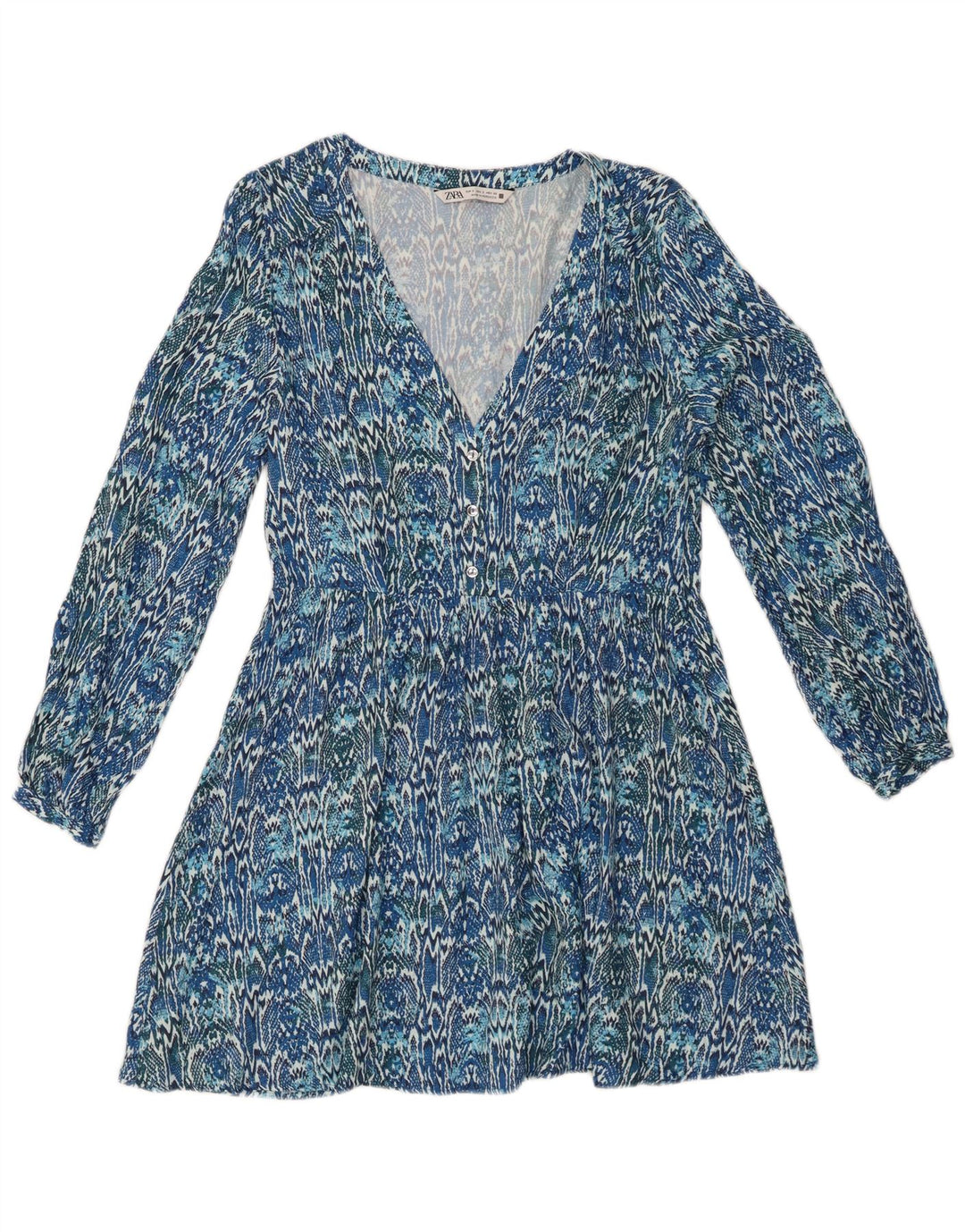 ZARA Robe trapèze à manches longues pour femme UK 10 Petit Bleu Ikat Viscose