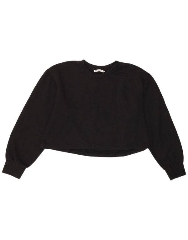 Zara Womens Crop Loose Fit Top Manches Longues UK 14 Grand Noir