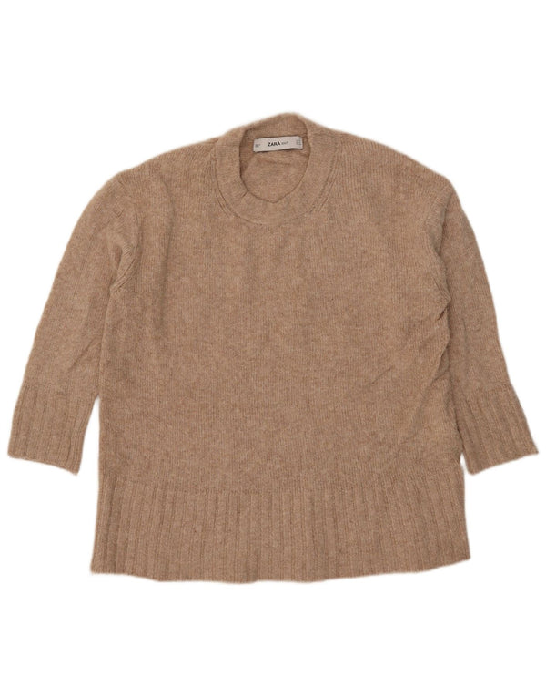 Zara Pull surdimensionné à manches 3/4 et col rond pour femme UK 10 Small Beige