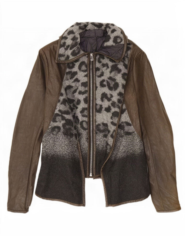 Veste en cuir femme vintage UK 10 Petit imprimé animal brun