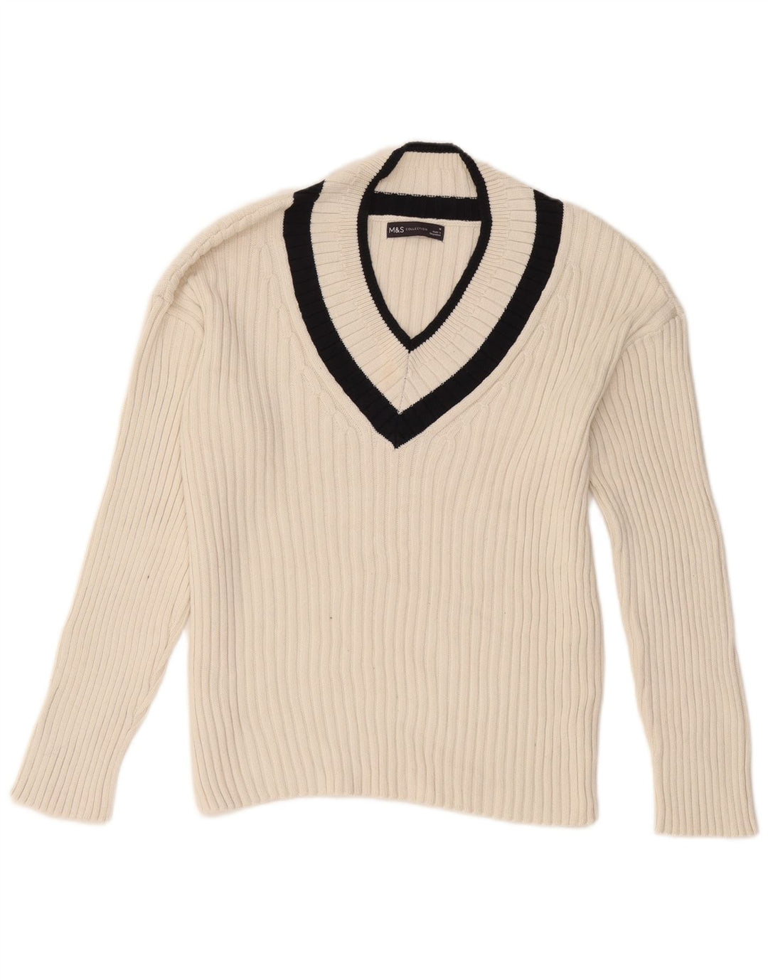 Marks & Spencer Pull col en V pour femme UK 44 Blanc moyen Colourblock
