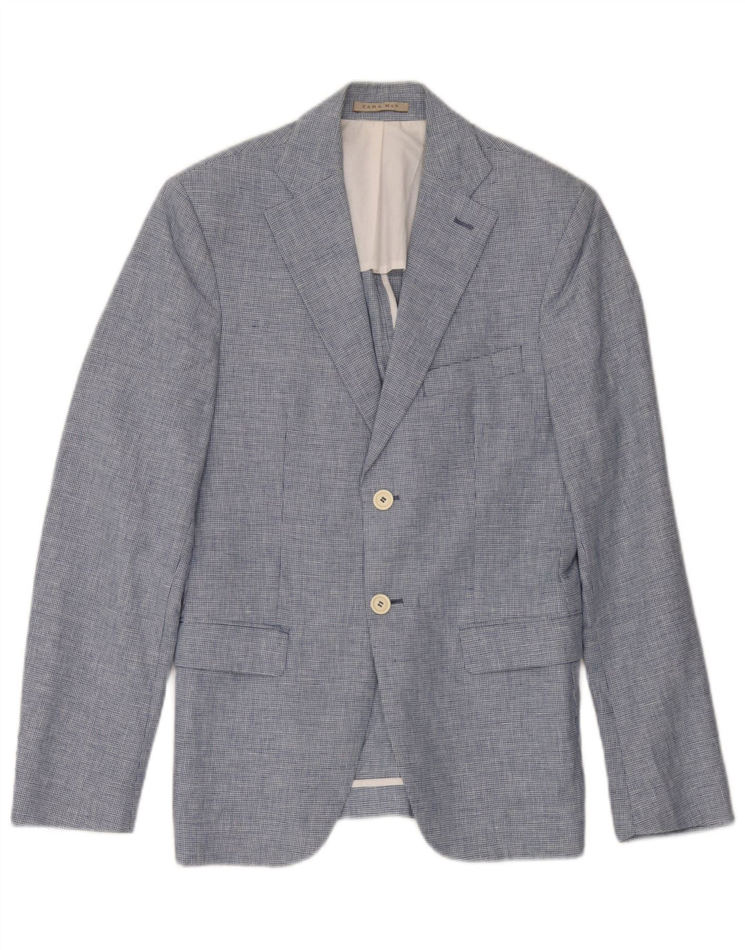 Zara Veste Blazer 2 Boutons Homme EU 46 Petit Bleu Pied-de-Poule Lin