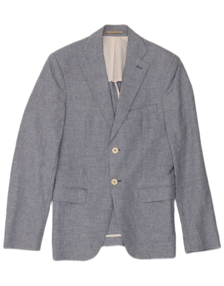 Zara Veste Blazer 2 Boutons Homme EU 46 Petit Bleu Pied-de-Poule Lin