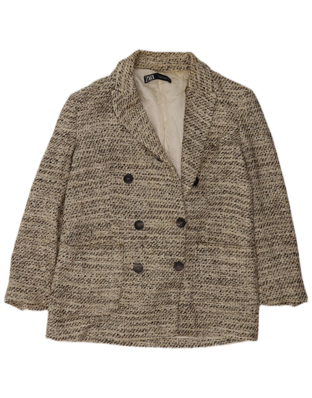 Zara Veste Blazer Double Boutonnage Femme UK 14 Coton Chiné Beige Moyen
