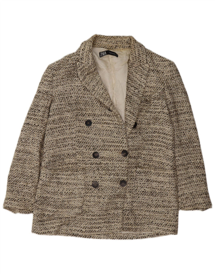 Zara Veste Blazer Double Boutonnage Femme UK 14 Coton Chiné Beige Moyen