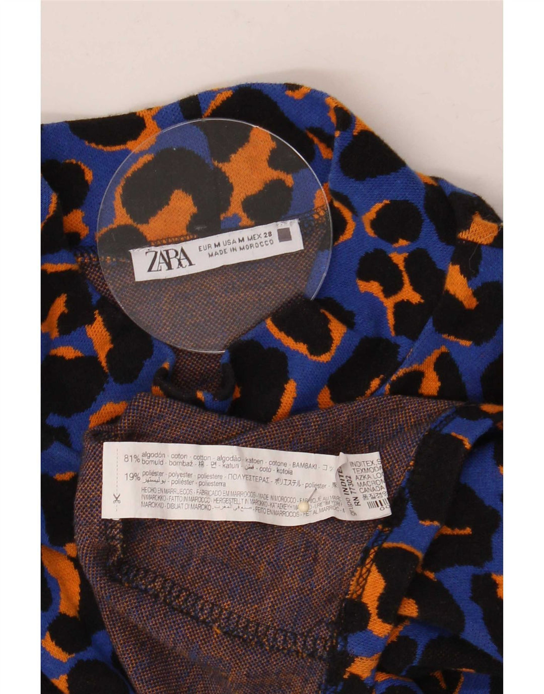 Zara Femme Haut Oversize Manches Longues UK 14 Bleu Moyen Imprimé Animal Coton