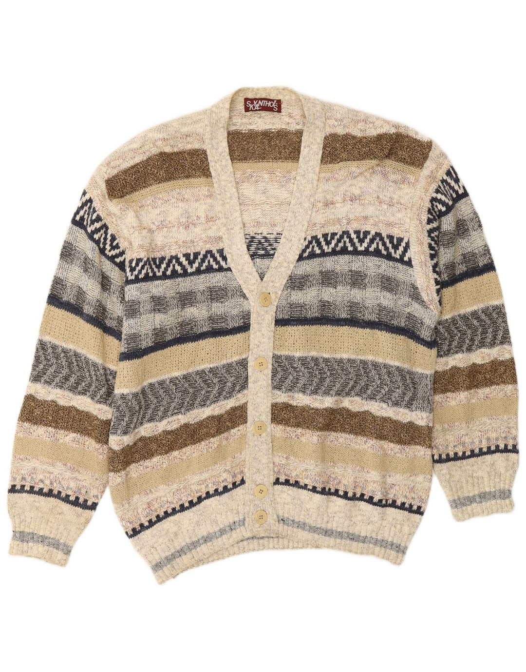 VINTAGE Pull Cardigan Homme Grand Beige Rayé