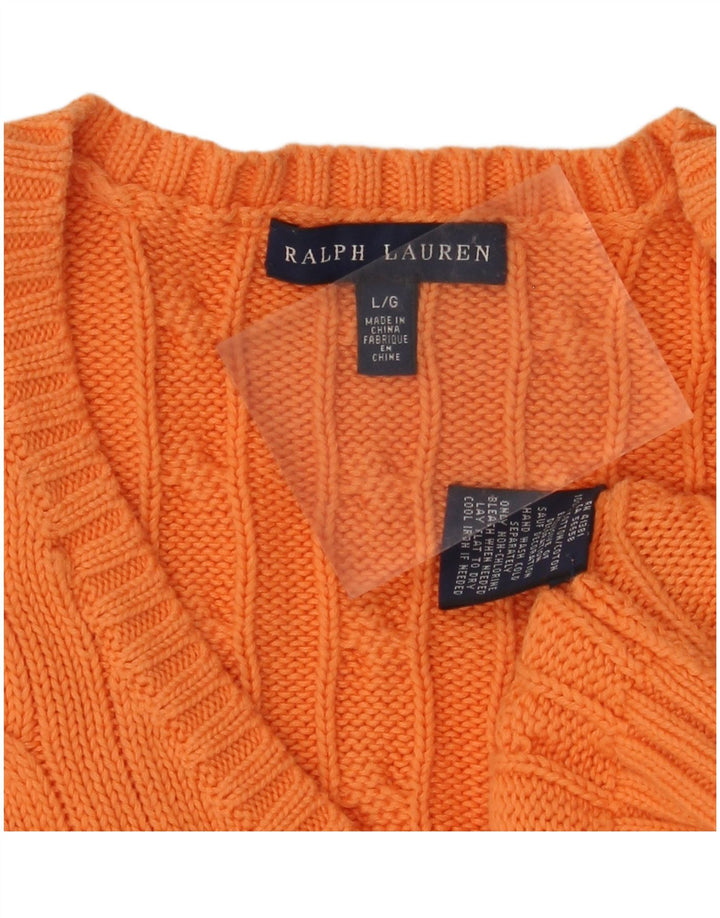 RALPH LAUREN Pull col en V pour femme UK 14 Large Orange Coton