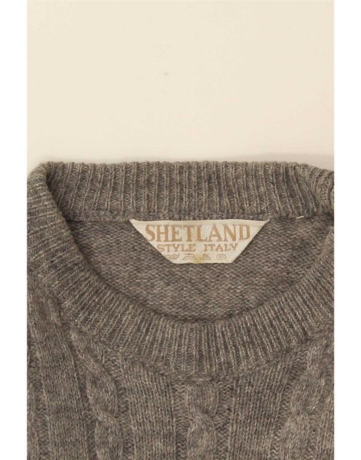 vintage Mens Crew Neck Jumper Pull Moyen Gris Géométrique Laine