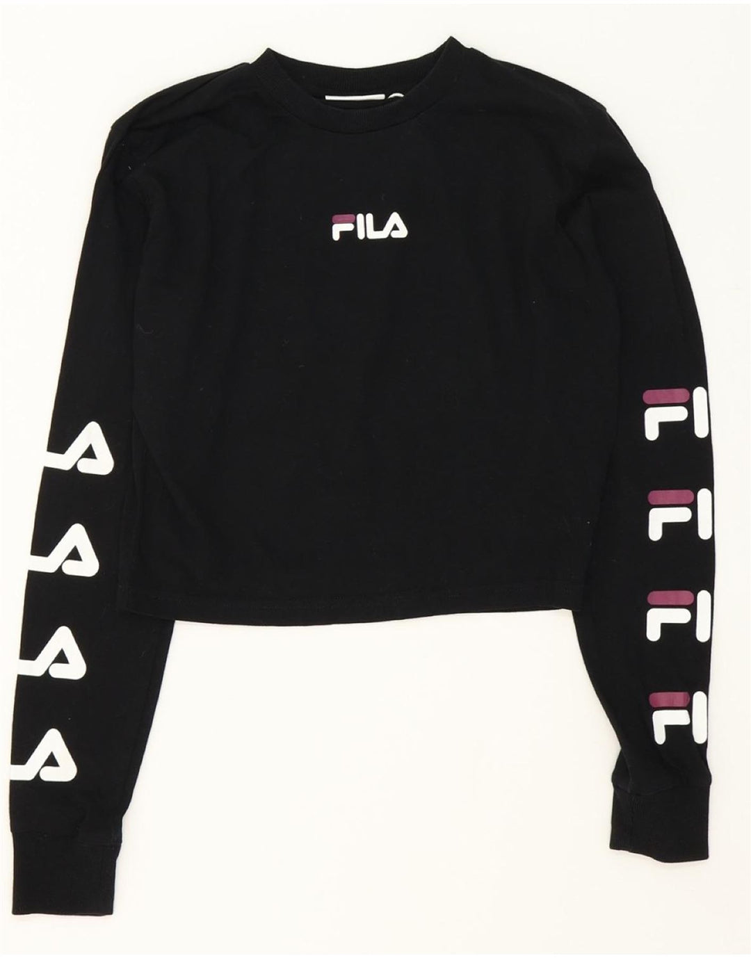 FILA Womens Oversized Crop Graphic Sweatshirt Jumper UK 10 Small Black Vintage Fila and Second-Hand Fila from Messina Hembry 