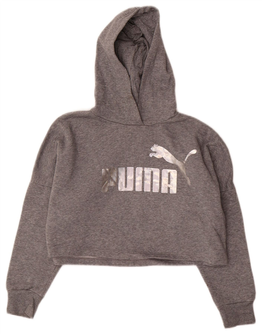 PUMA Pull à capuche court graphique pour fille 9-10 ans Gris Coton
