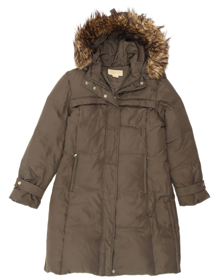 Michael Kors Manteau rembourré à capuche pour femme UK 14 Medium Kaki Polyester Hiver
