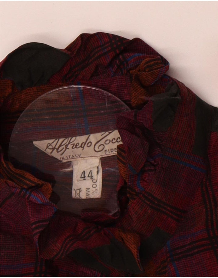 vintage Femme Volant Avant Chemise Blouse IT 44 Moyen Brun Vérifier Soie