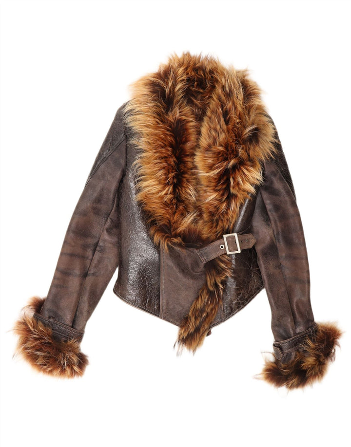 Carmen Veste courte en peau de mouton pour femme UK 14 Grand cuir marron