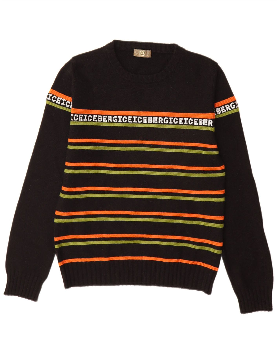 Iceberg Pull graphique à col rond pour homme en laine rayée noire