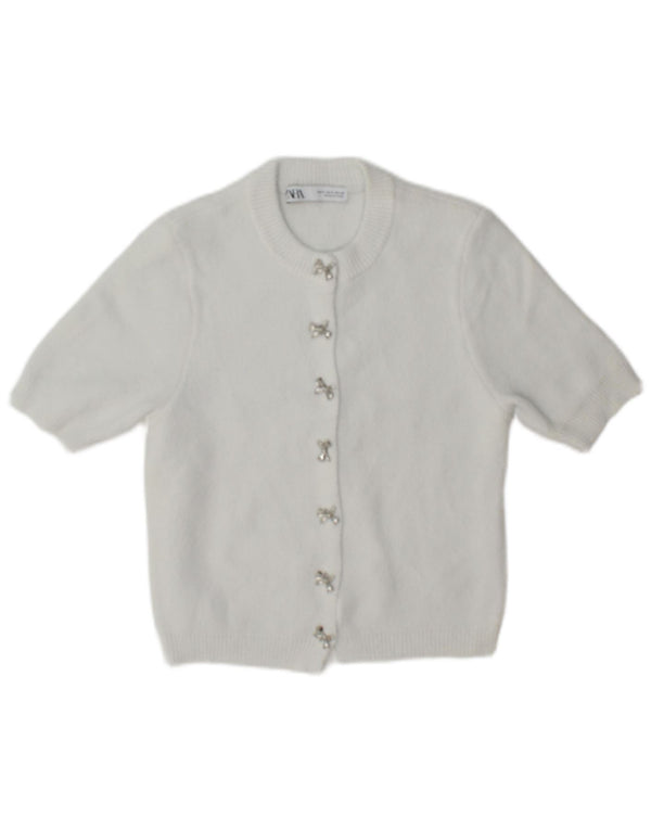 Zara Womens Cardigan à manches courtes Pull UK 10 Petit Blanc Polyamide