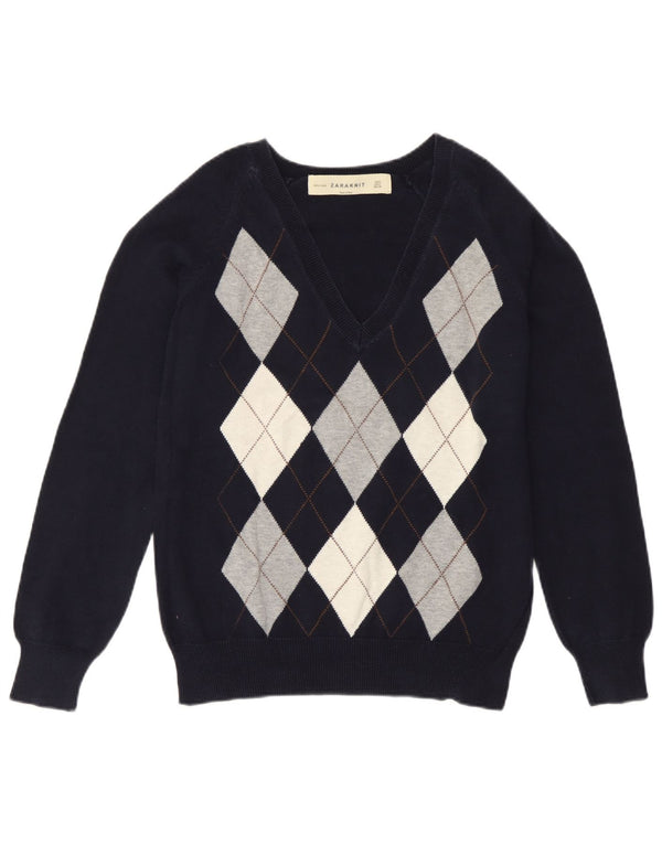 Zara Pull col V pour femme UK 14 Large Bleu marine Argyle/Diamant
